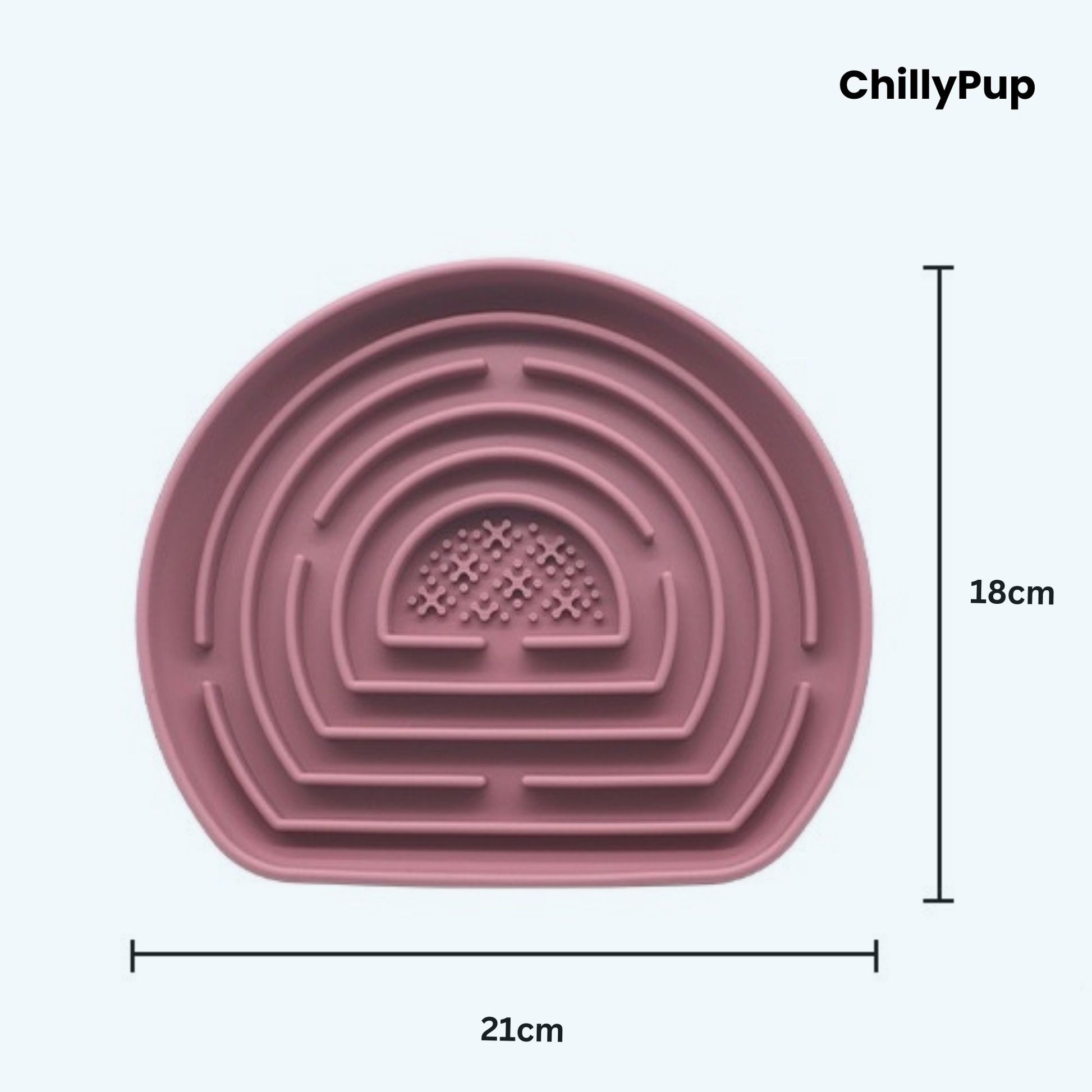 Pink pet bowl with maze design size on a light purple background, branded 'ChillyPup'.