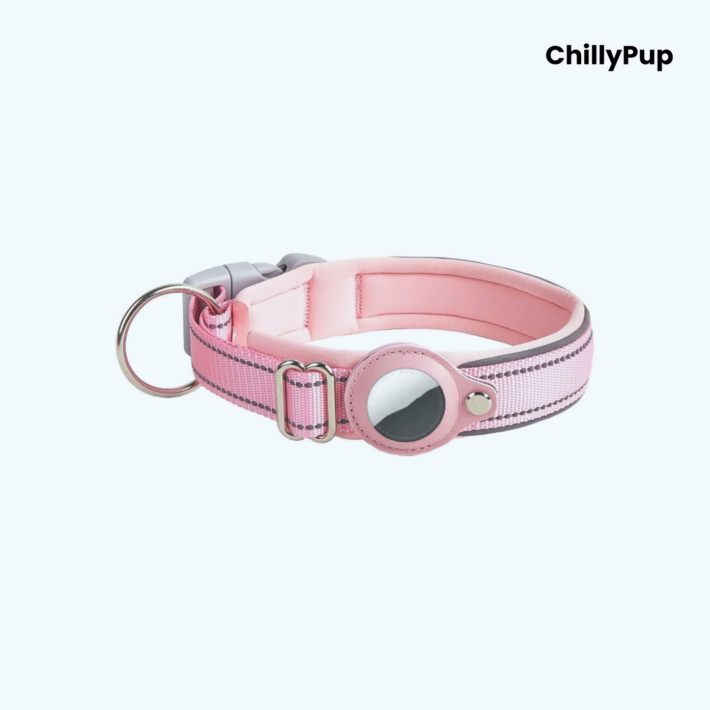 Pink Nylon Airtag dog collar with white stitching on a white background, branded 'ChillyPup'.