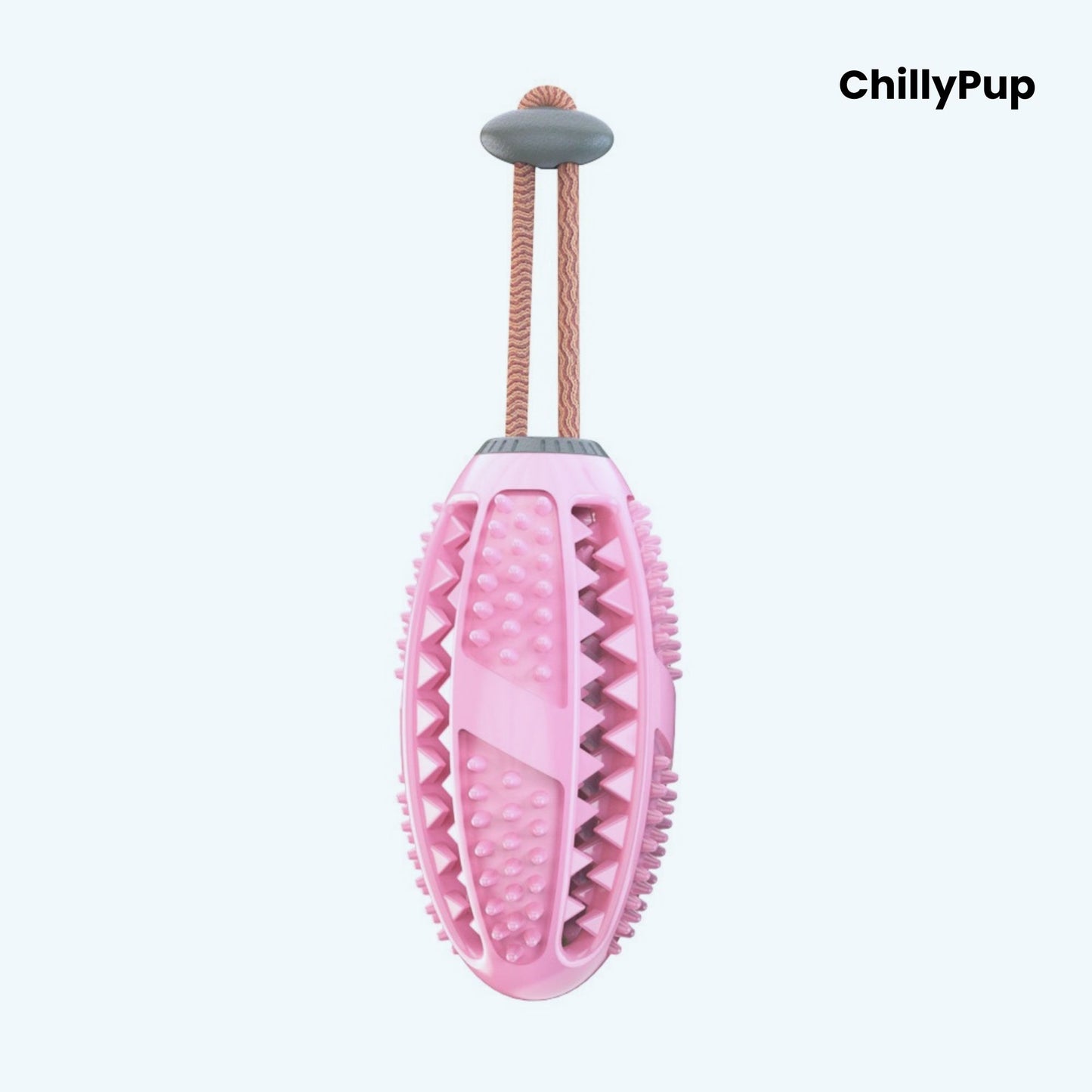 Pink dog toy with textured surface and brown rope on a white background, branded 'ChillyPup'.