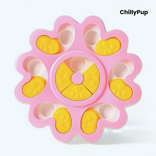 Pink and yellow pet toy with 'ChillyPup' branding on a white background