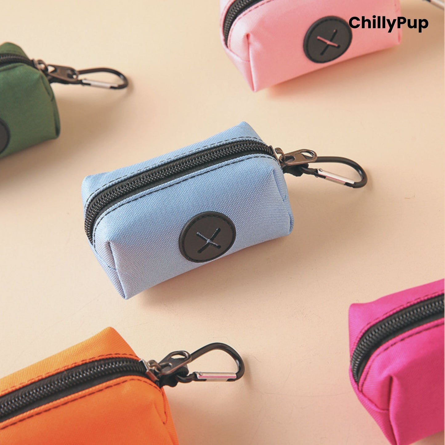 5 Poo Bag Holder with black zipper and carabiner on a beige background, featuring the brand 'ChillyPup'.