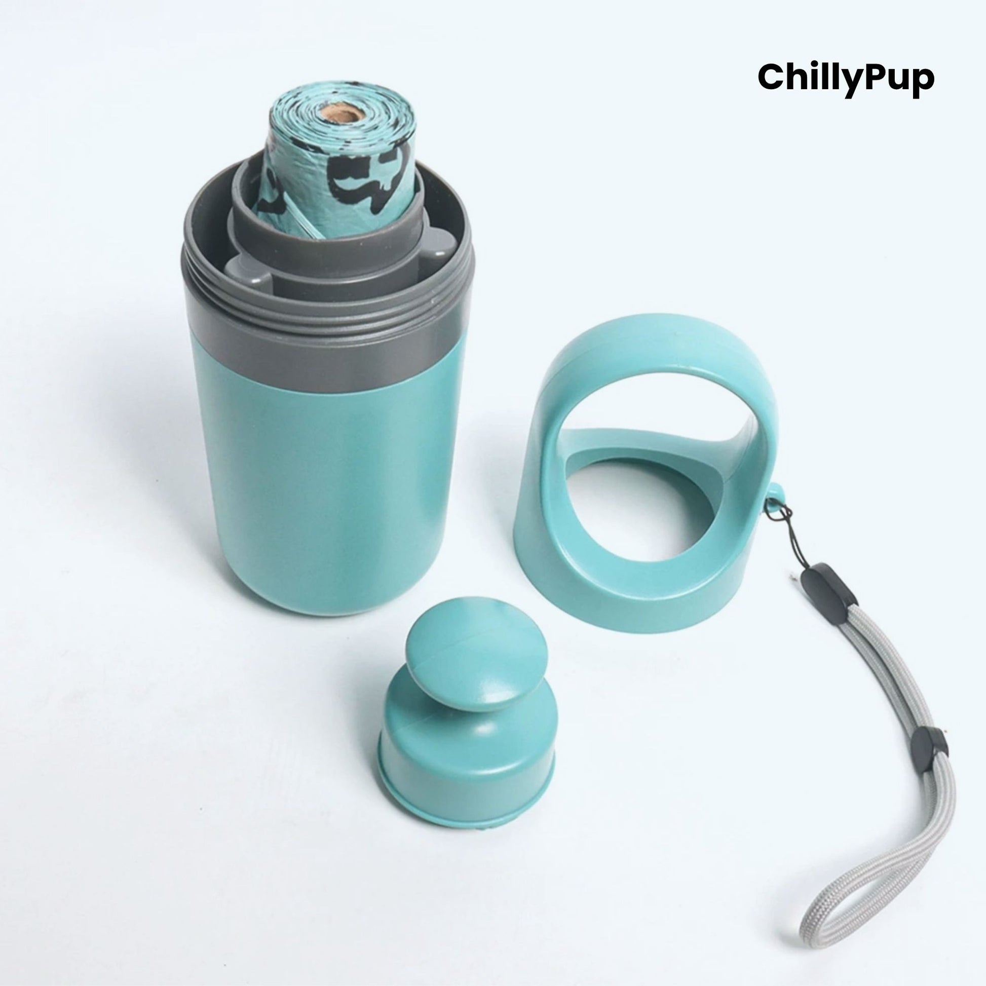 Teal pet Pooper scooper with 'ChillyPup' branding on a white background