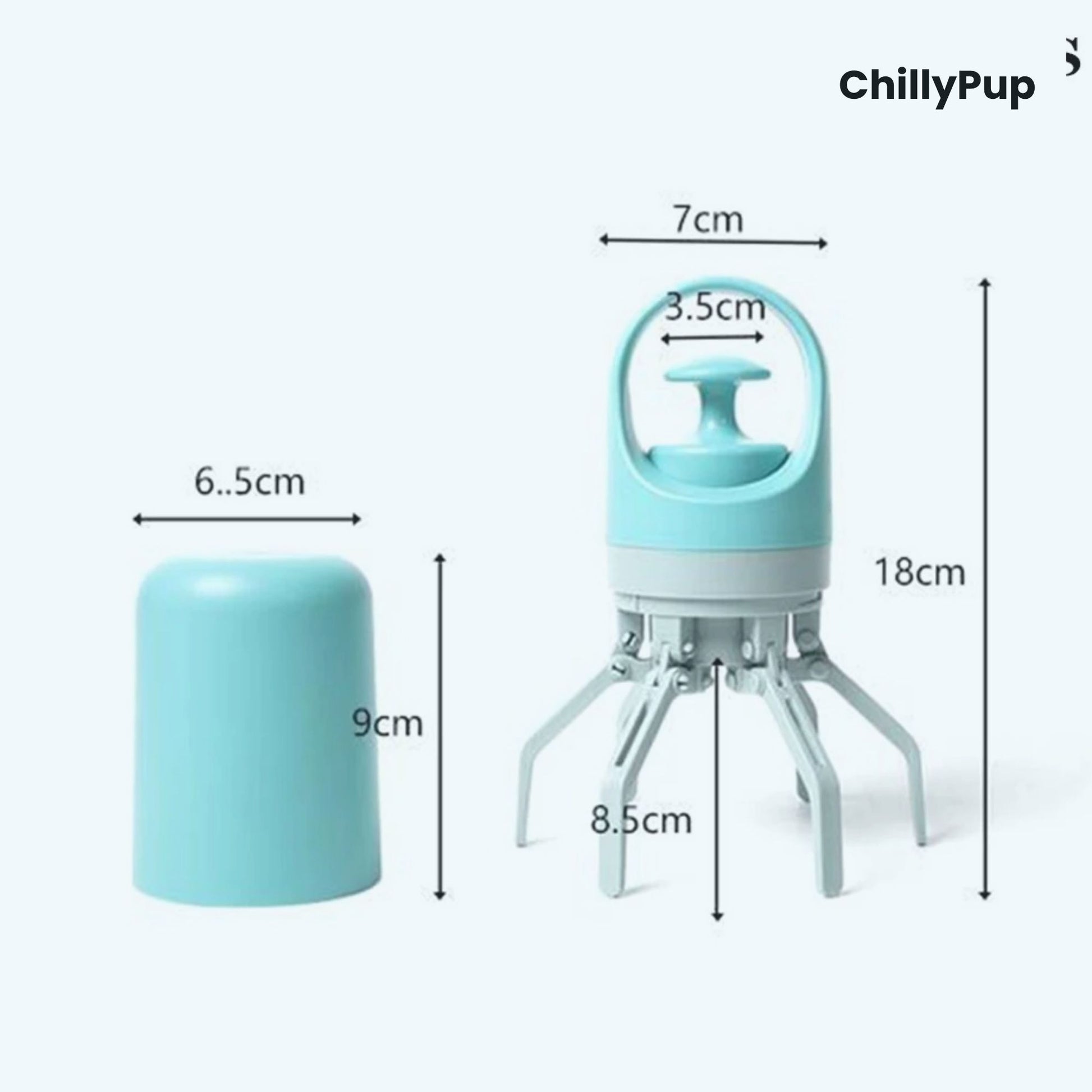 Measurement chart of a product with dimensions labeled, featuring the brand 'ChillyPup'.