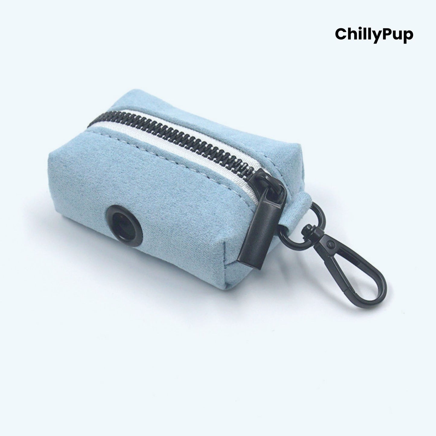 Blue pet lead, collar, and pouch set with a bow on a white background, branded 'ChillyPup'.