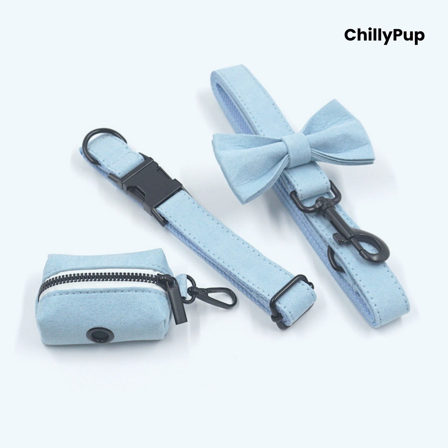 Blue pet lead, collar, and pouch set with a bow on a white background, branded 'ChillyPup'.
