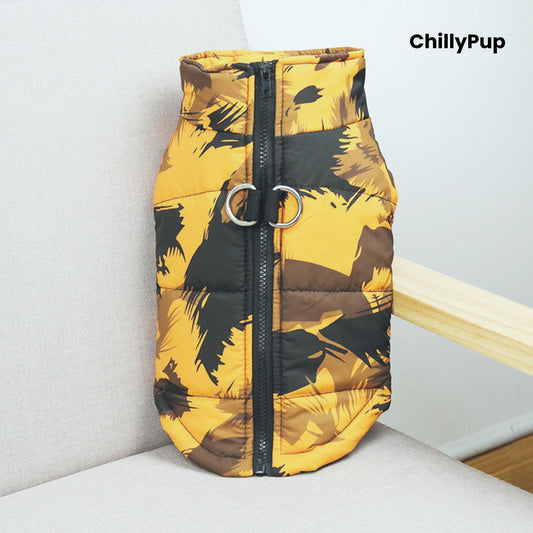 Yellow Camo dog coat with a visible Chillypup name on a light grey surface.
