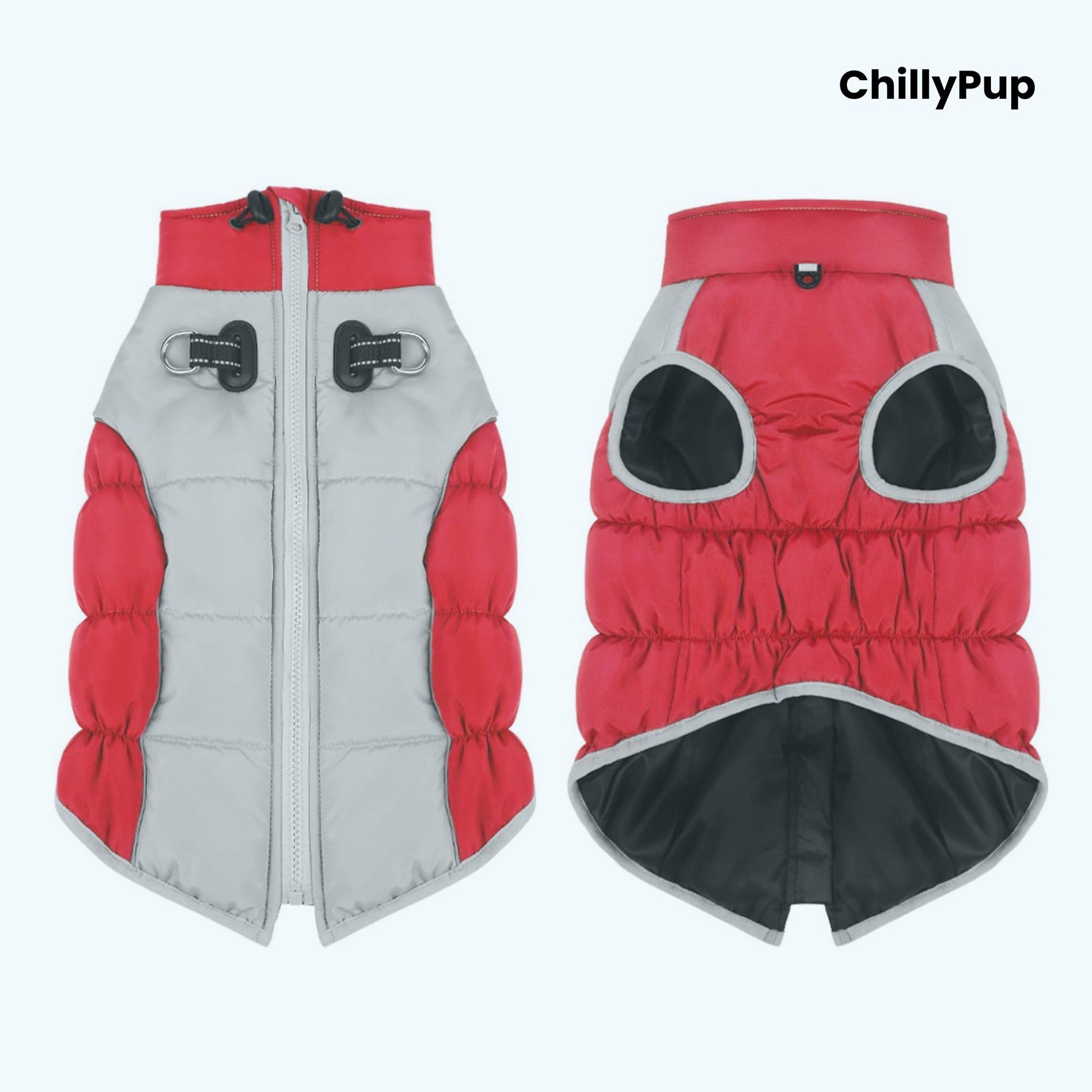 Premium Puffer Dog Coat with Chillypup branding on a white background