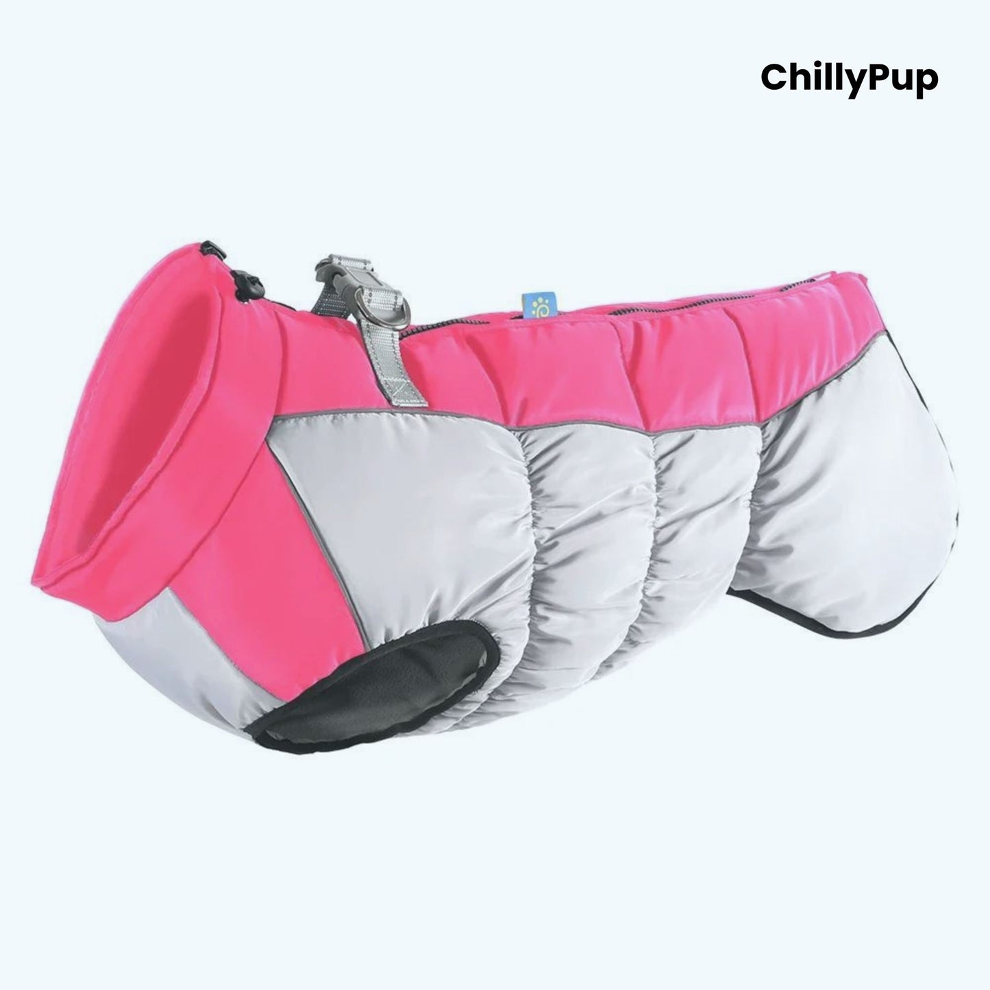 Pink and grey dog coat with 'ChillyPup' branding on a white background