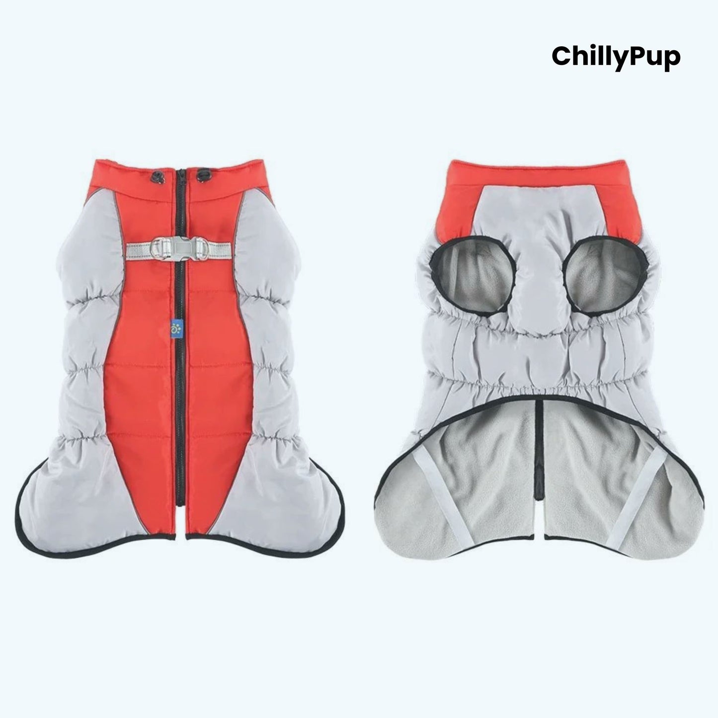 Red and grey dog coat with 'ChillyPup' branding on a white background
