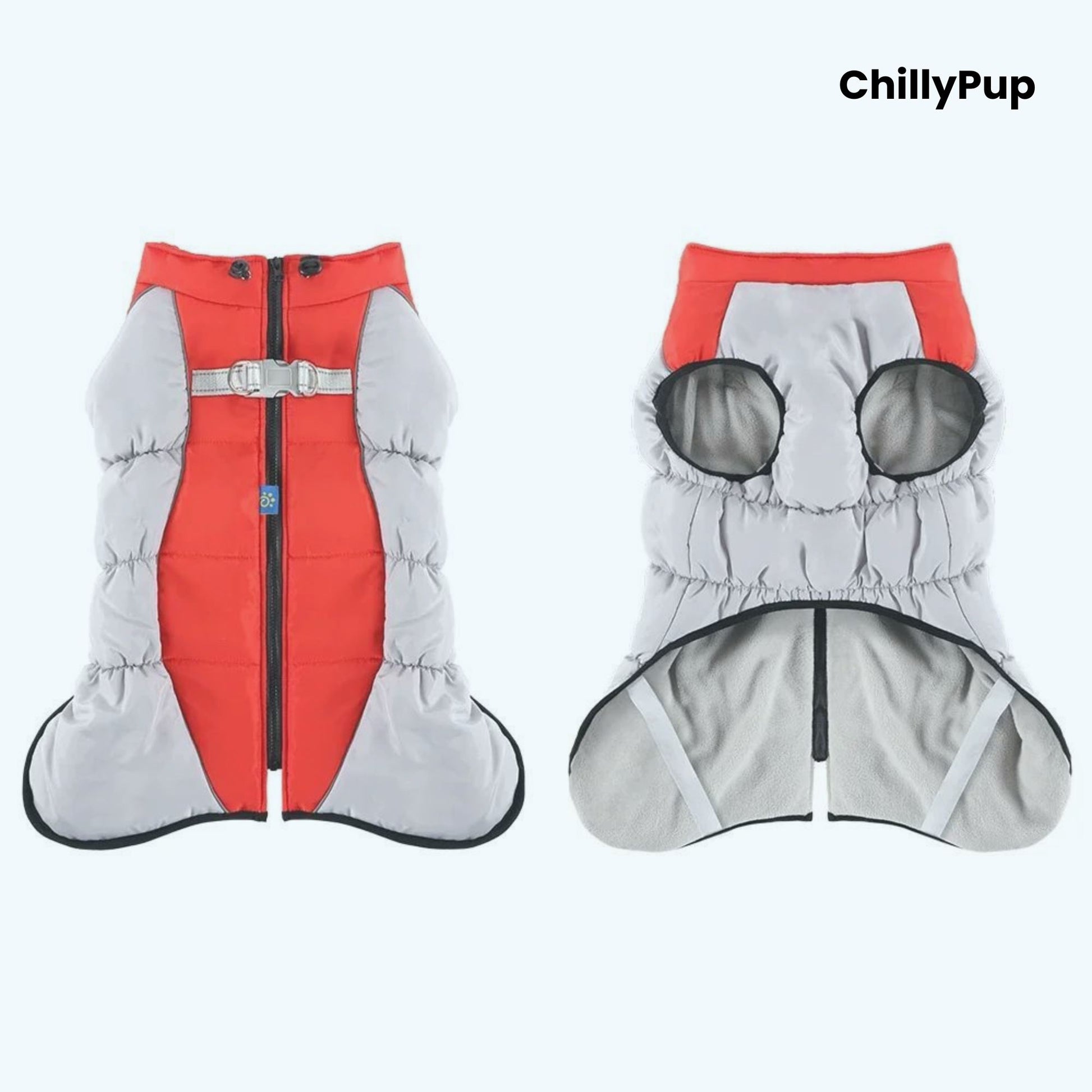 Red and grey dog coat with 'ChillyPup' branding on a white background
