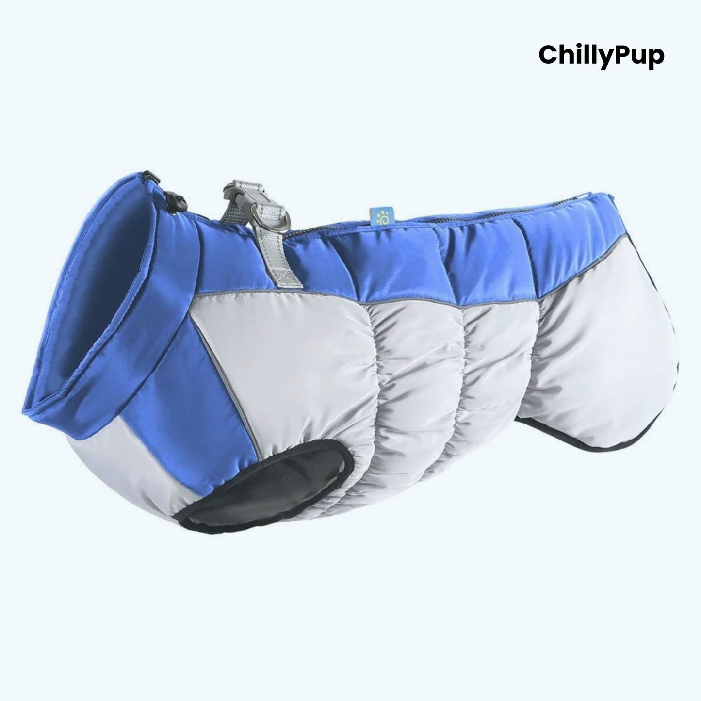 Blue and grey dog coat with 'ChillyPup' branding on a white background