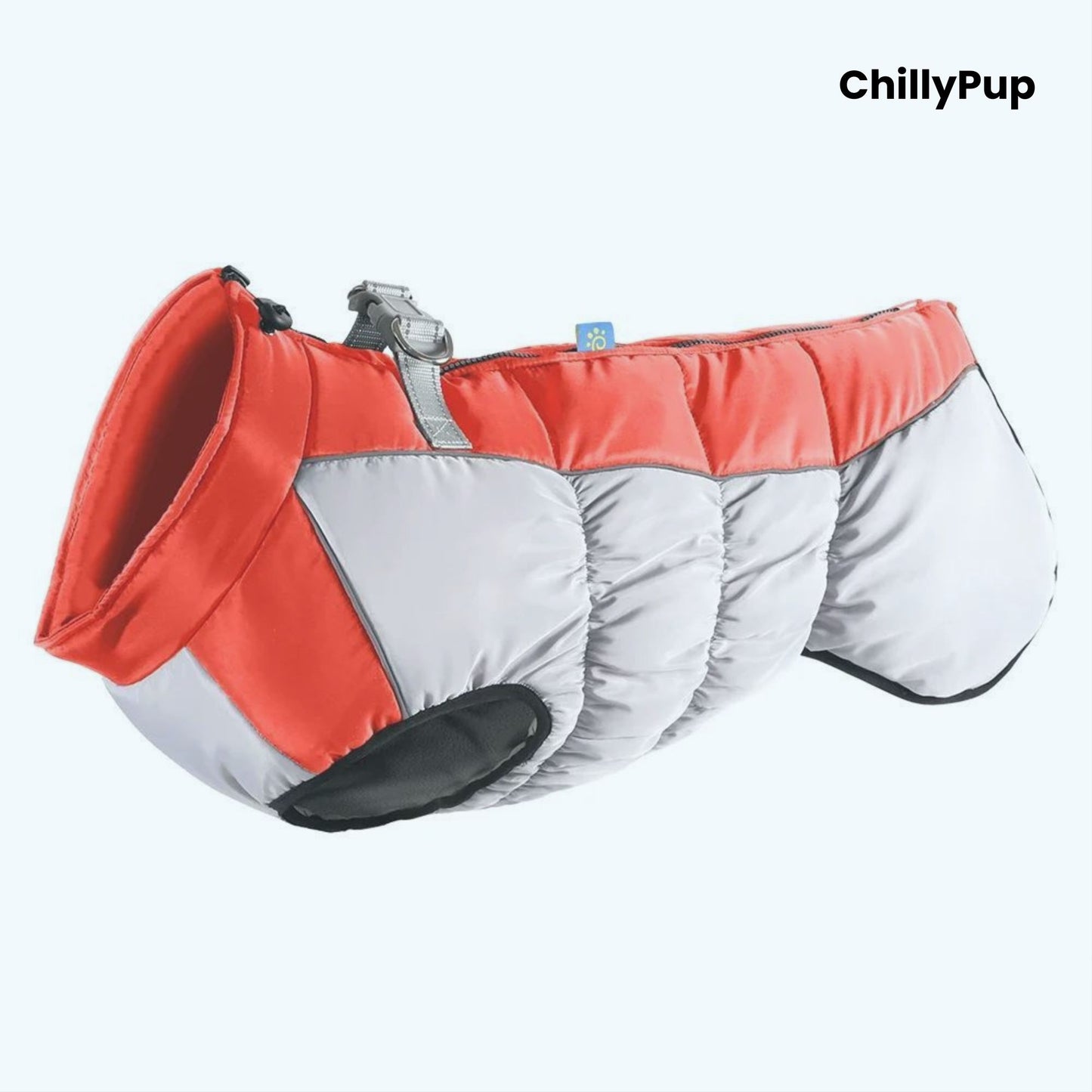 Red and grey dog coat with 'ChillyPup' branding on a white background