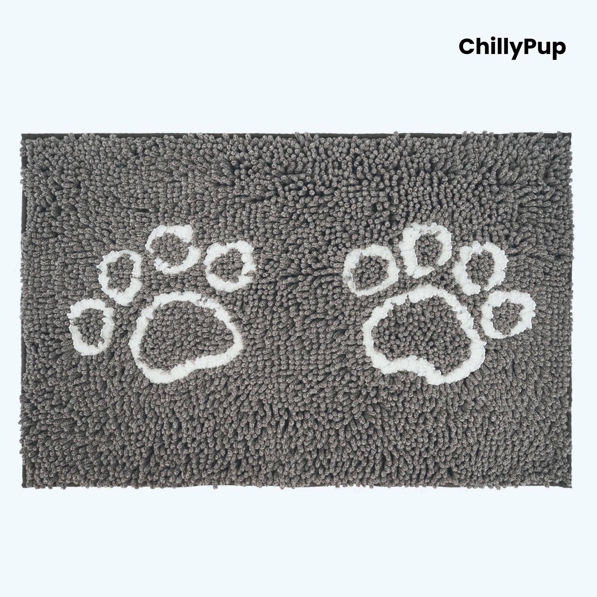 Grey mat with white paw prints and 'ChillyPup' branding