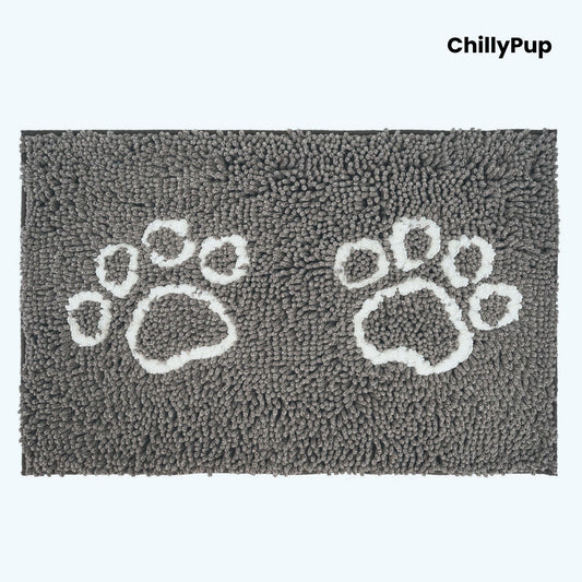 Grey mat with white paw prints and 'ChillyPup' branding
