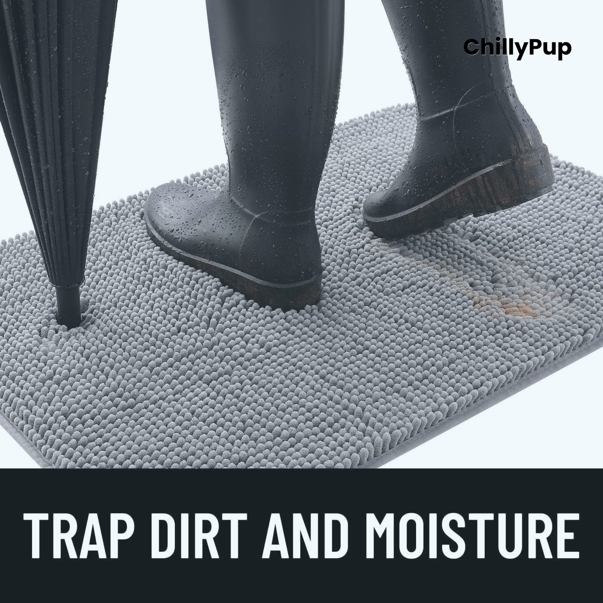 Grey doormat with text 'Trap Dirt and Moisture' and 'ChillyPup' branding.