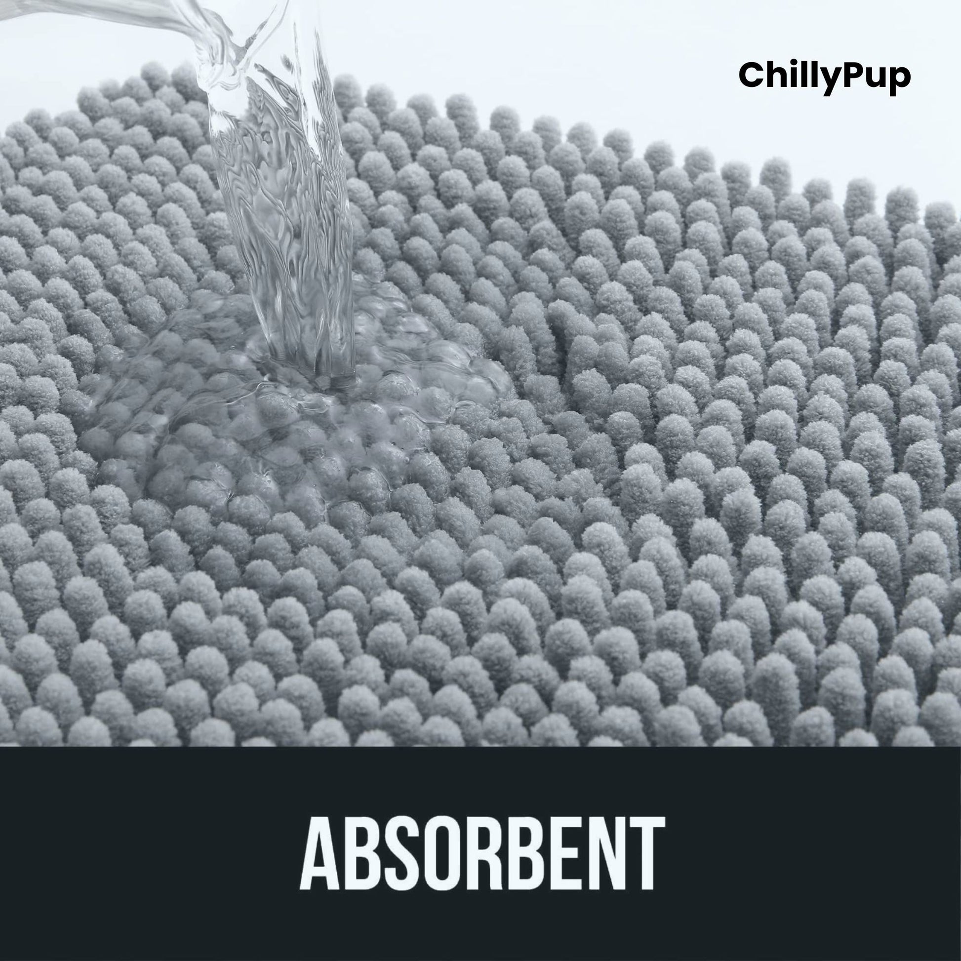 Close-up of a textured surface with water droplets, labelled 'ChillyPup' and 'Absorbent'.