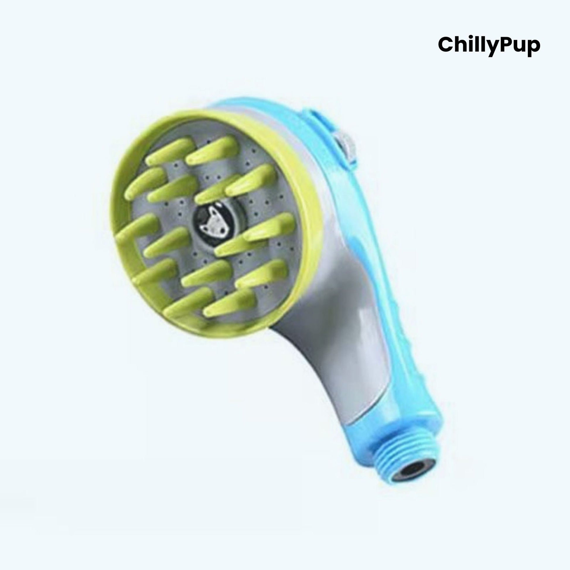 Pet grooming tool with green bristle head and white handle on a white background, branded 'ChillyPup'