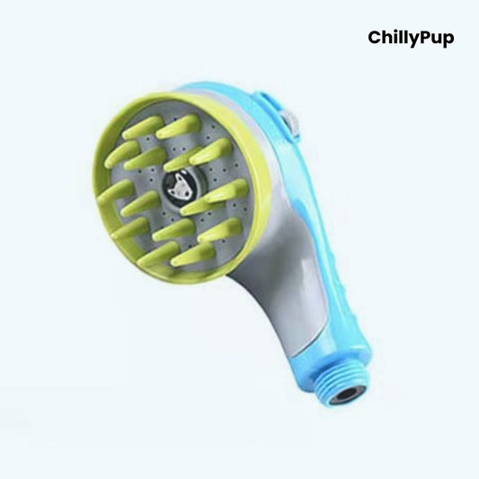 Pet grooming tool with green bristle head and white handle on a white background, branded 'ChillyPup'