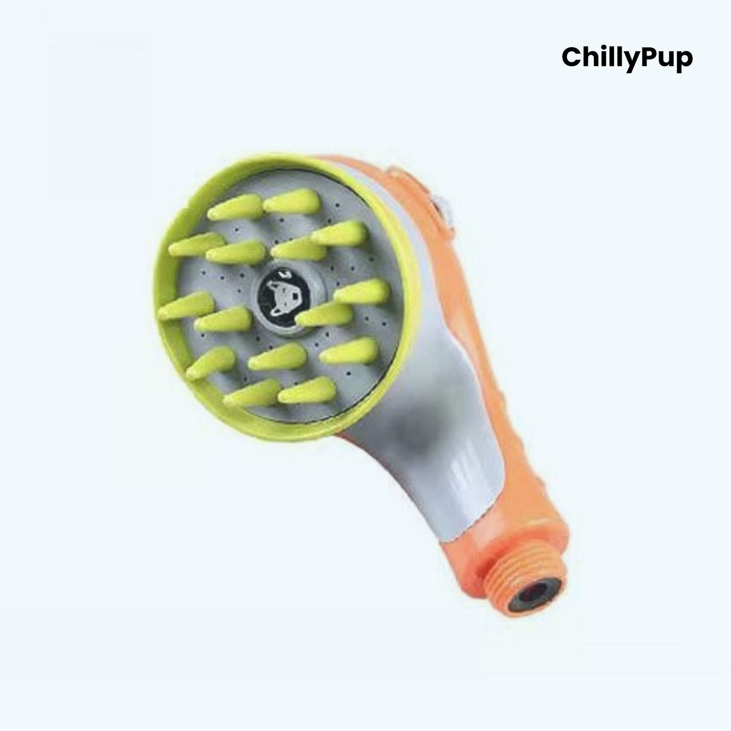 Pet grooming tool with green bristle head and white handle on a white background, branded 'ChillyPup'
