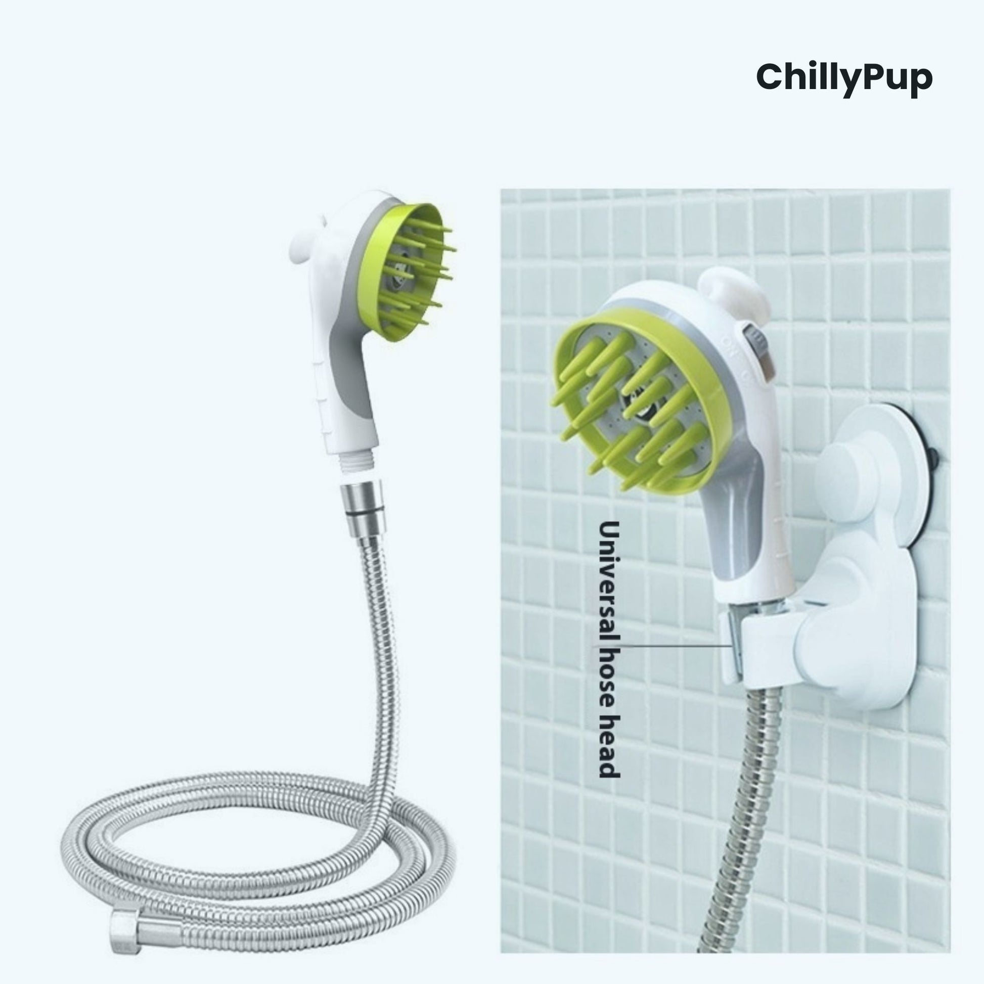 Pet grooming tool with green bristle head and white handle on a white background, branded 'ChillyPup'
