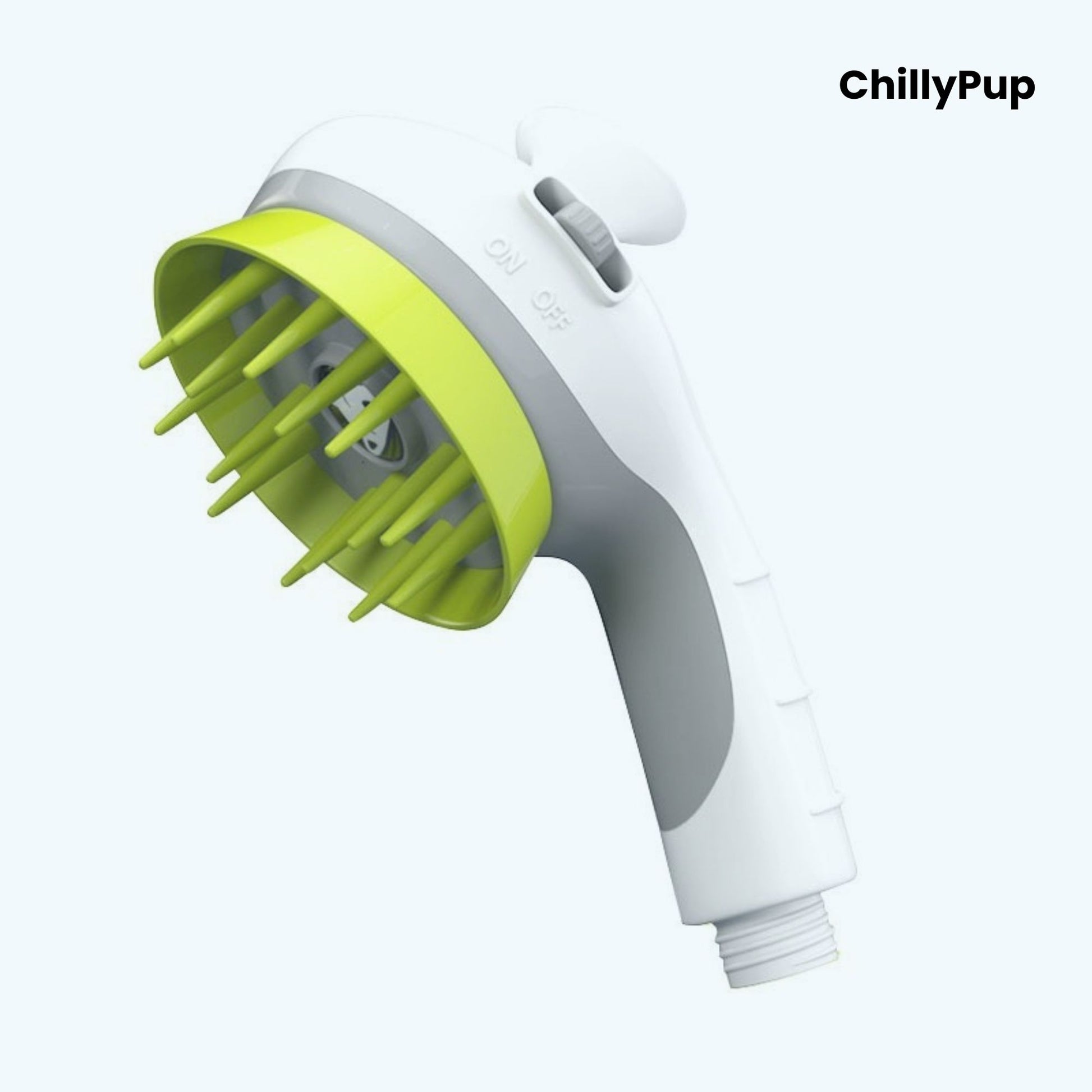 Pet grooming tool with green bristle head and white handle on a white background, branded 'ChillyPup'