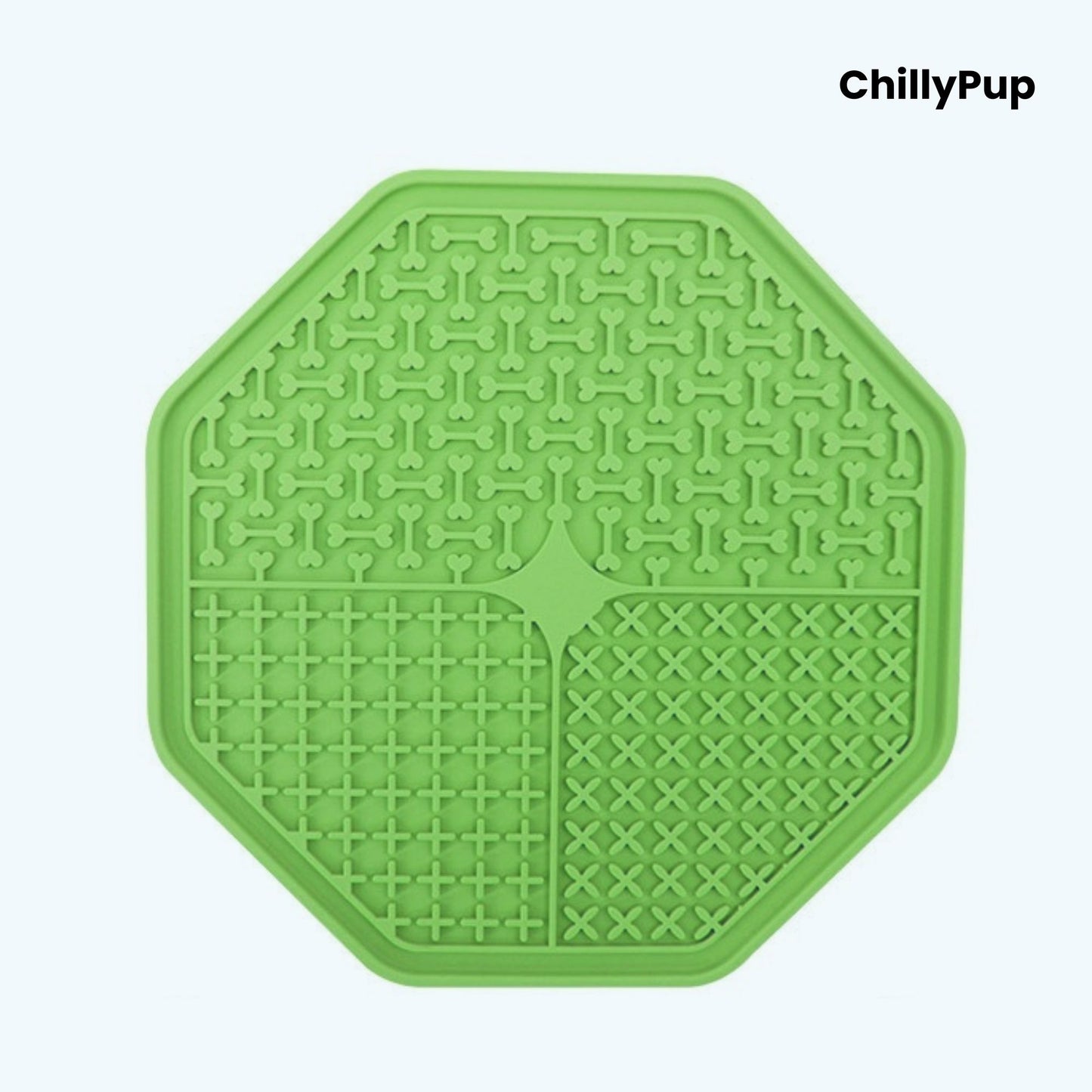 Green octagonal lick mat with a textured pattern on a white background, branded 'ChillyPup'