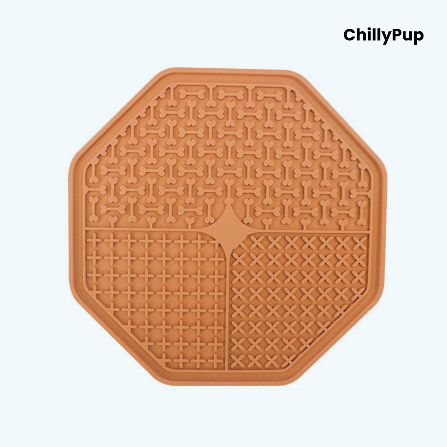Orange octagonal lick mat with a textured pattern on a white background, branded 'ChillyPup'