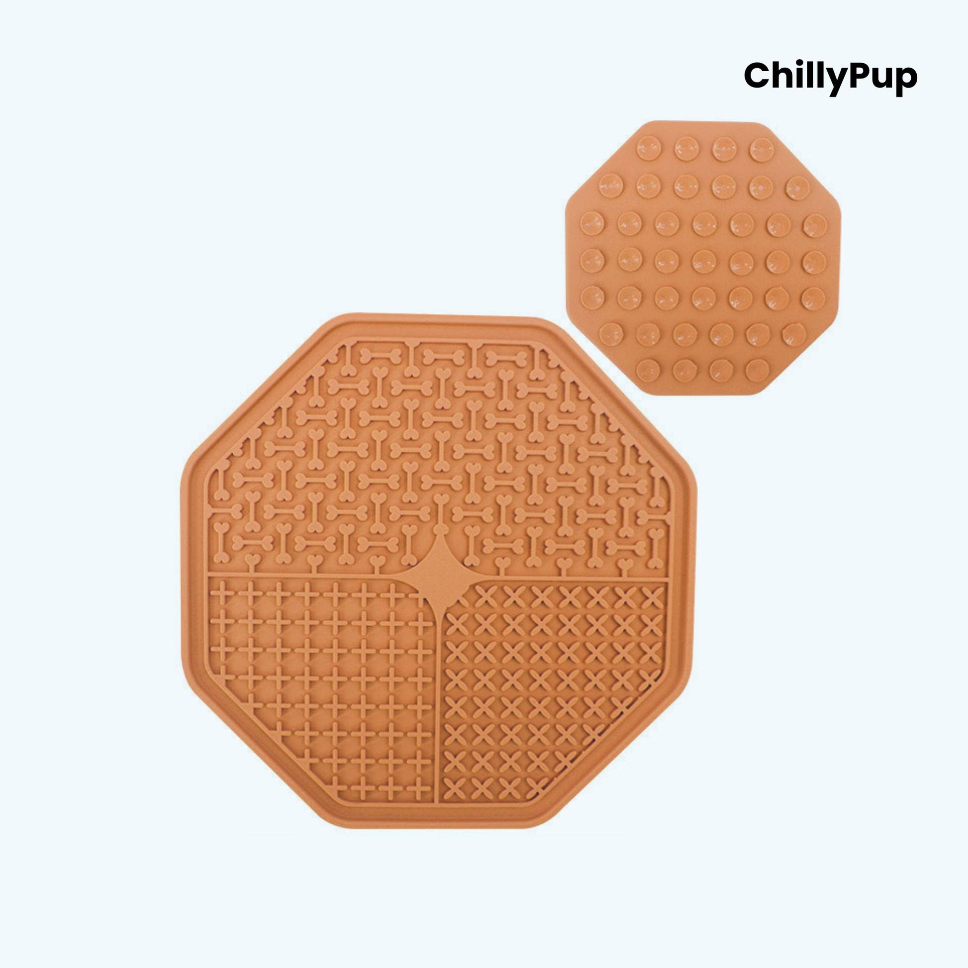 Two orange dog lick mats with textured surfaces on a white background, branded 'ChillyPup'.