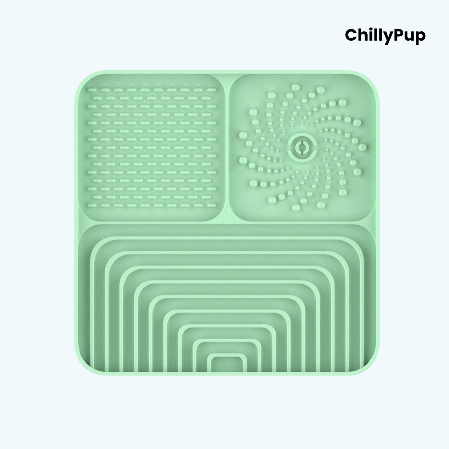Silicone Lick mat with textured sections on a white background, branded 'ChillyPup'.