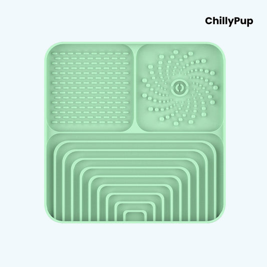 Silicone Lick mat with textured sections on a white background, branded 'ChillyPup'.