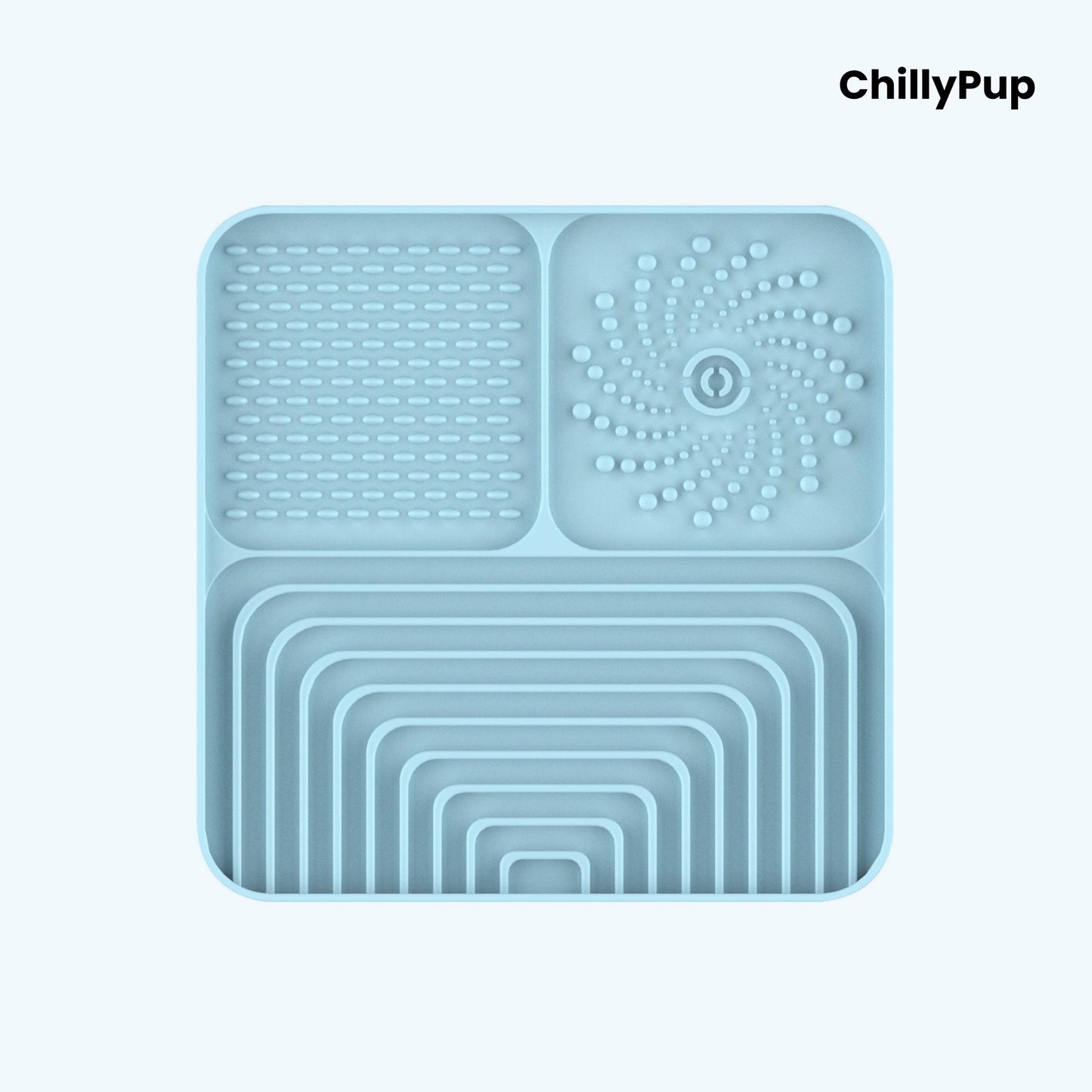 Silicone Lick mat with textured sections on a white background, branded 'ChillyPup'.
