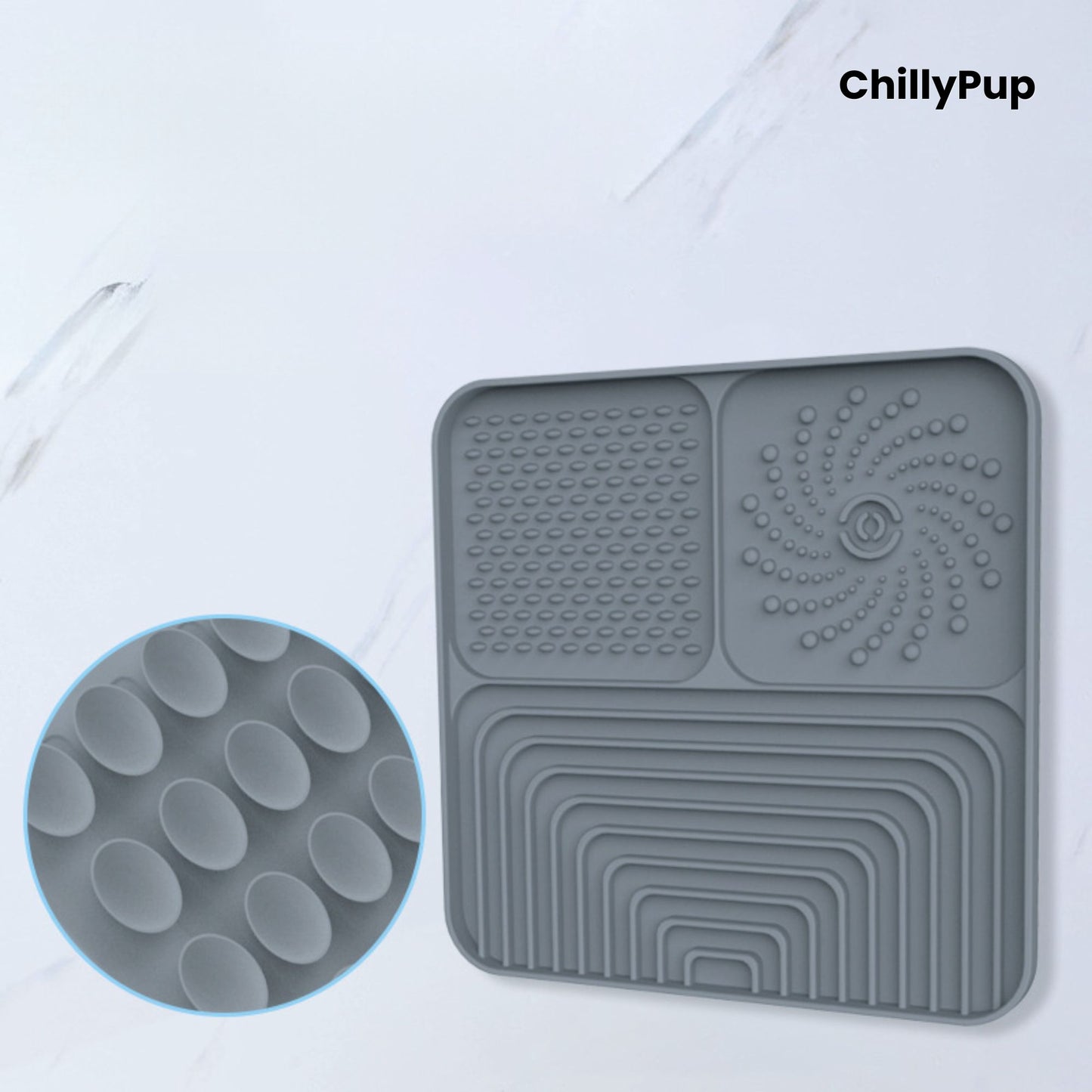 Silicone Lick mat with textured sections on a white background, branded 'ChillyPup'.