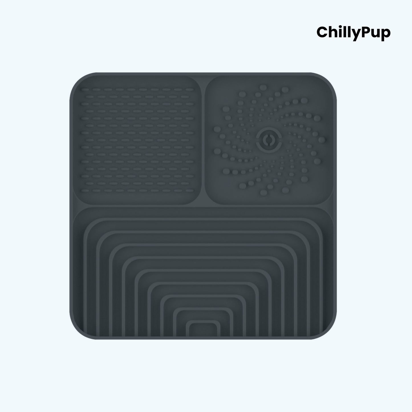 Silicone Lick mat with textured sections on a white background, branded 'ChillyPup'.