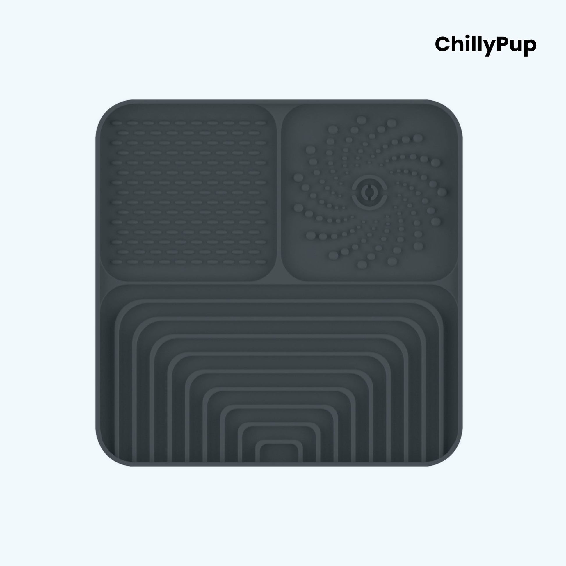 Silicone Lick mat with textured sections on a white background, branded 'ChillyPup'.