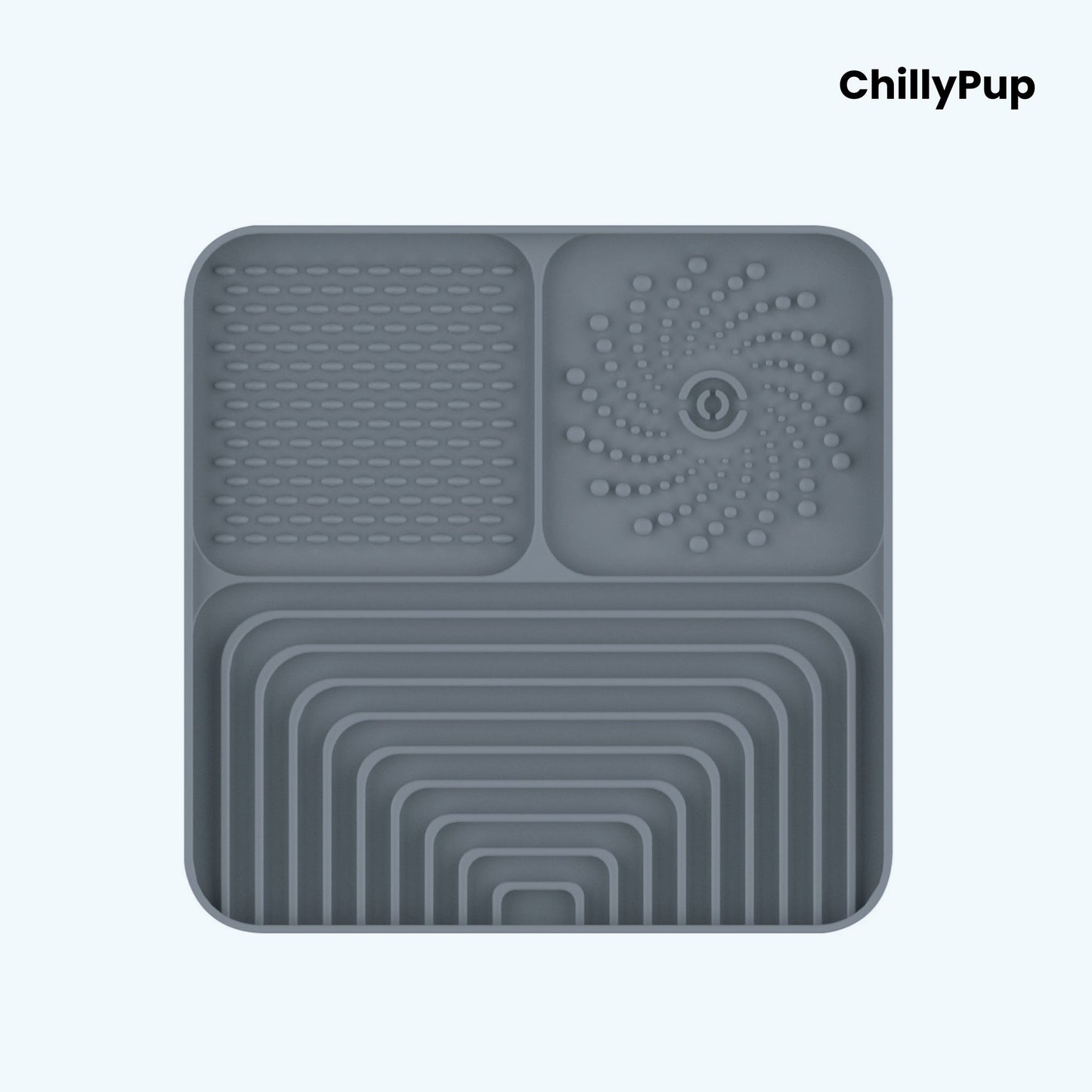 Silicone Lick mat with textured sections on a white background, branded 'ChillyPup'.