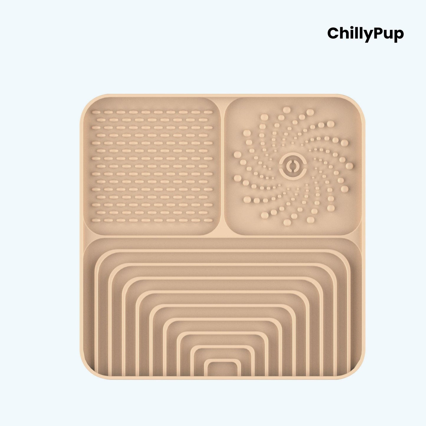 Silicone Lick mat with textured sections on a white background, branded 'ChillyPup'.