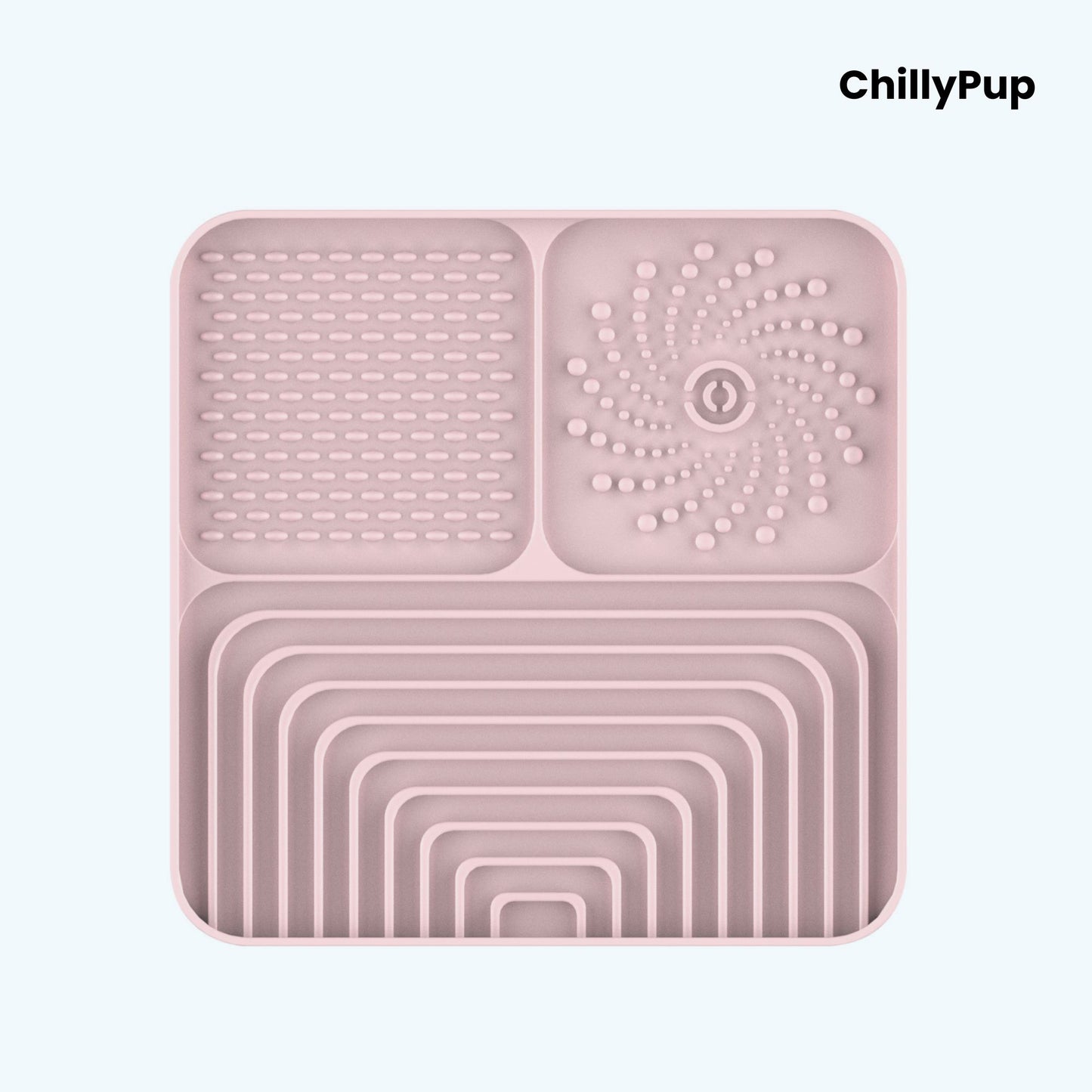Silicone Lick mat with textured sections on a white background, branded 'ChillyPup'.