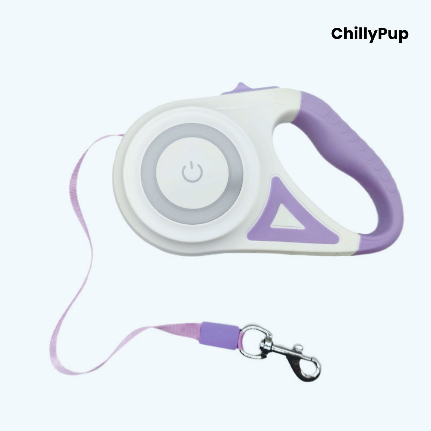 Retractable dog Lead with Purple handle and grey strap on a white background, branded 'ChillyPup'.