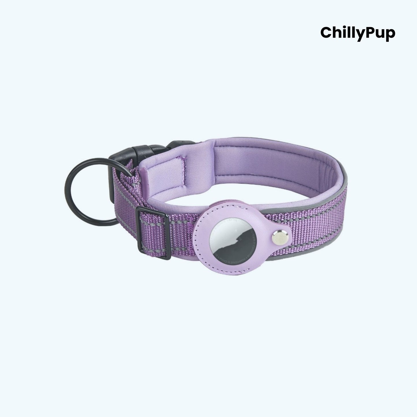 Purple Nylon Airtag dog collar with white stitching on a white background, branded 'ChillyPup'.
