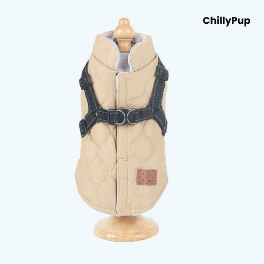 Quilted Comfort Harness Dog Coat  on a white background with Chillypup branding.