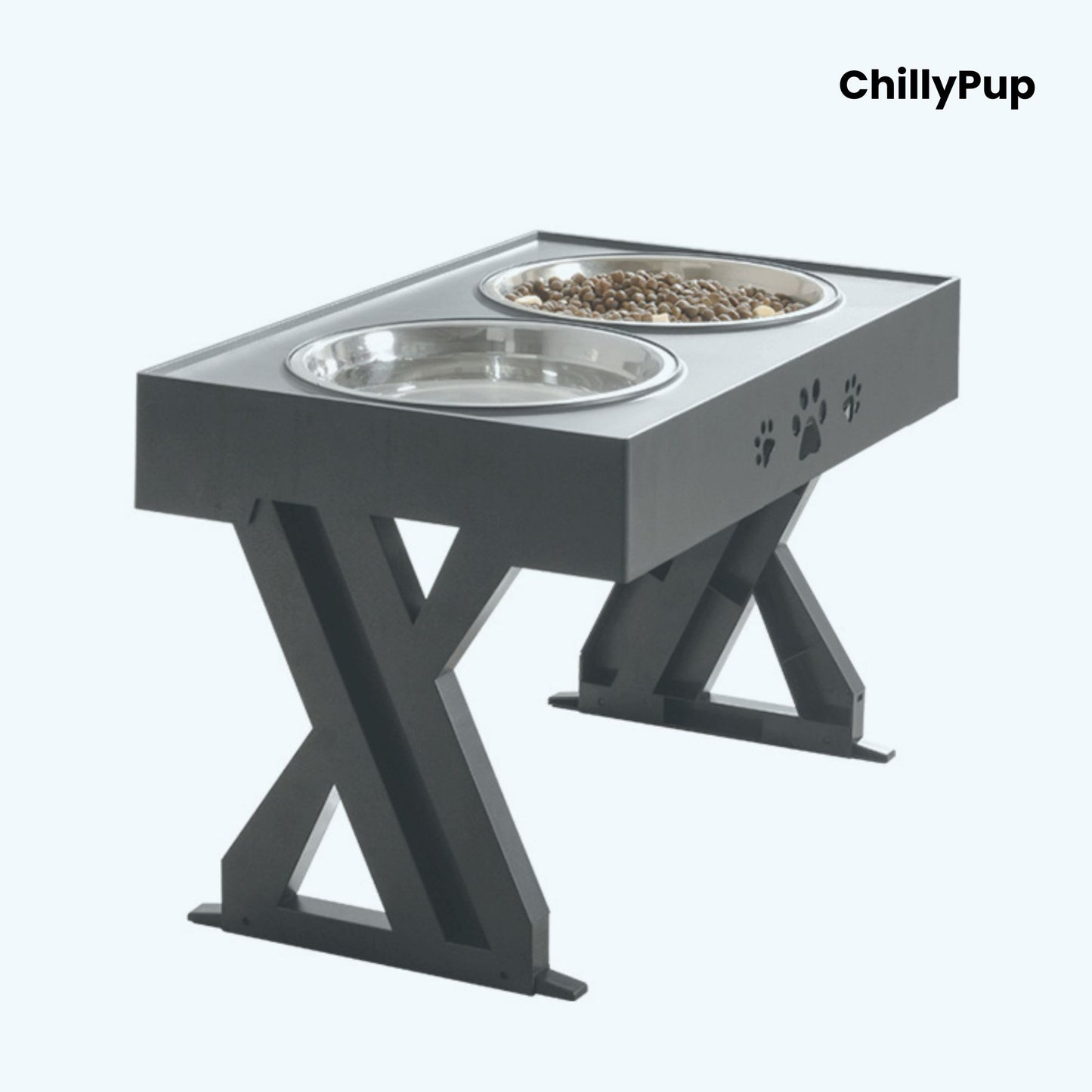 Raised dog feeding station with two bowls on a grey background, branded 'ChillyPup'.