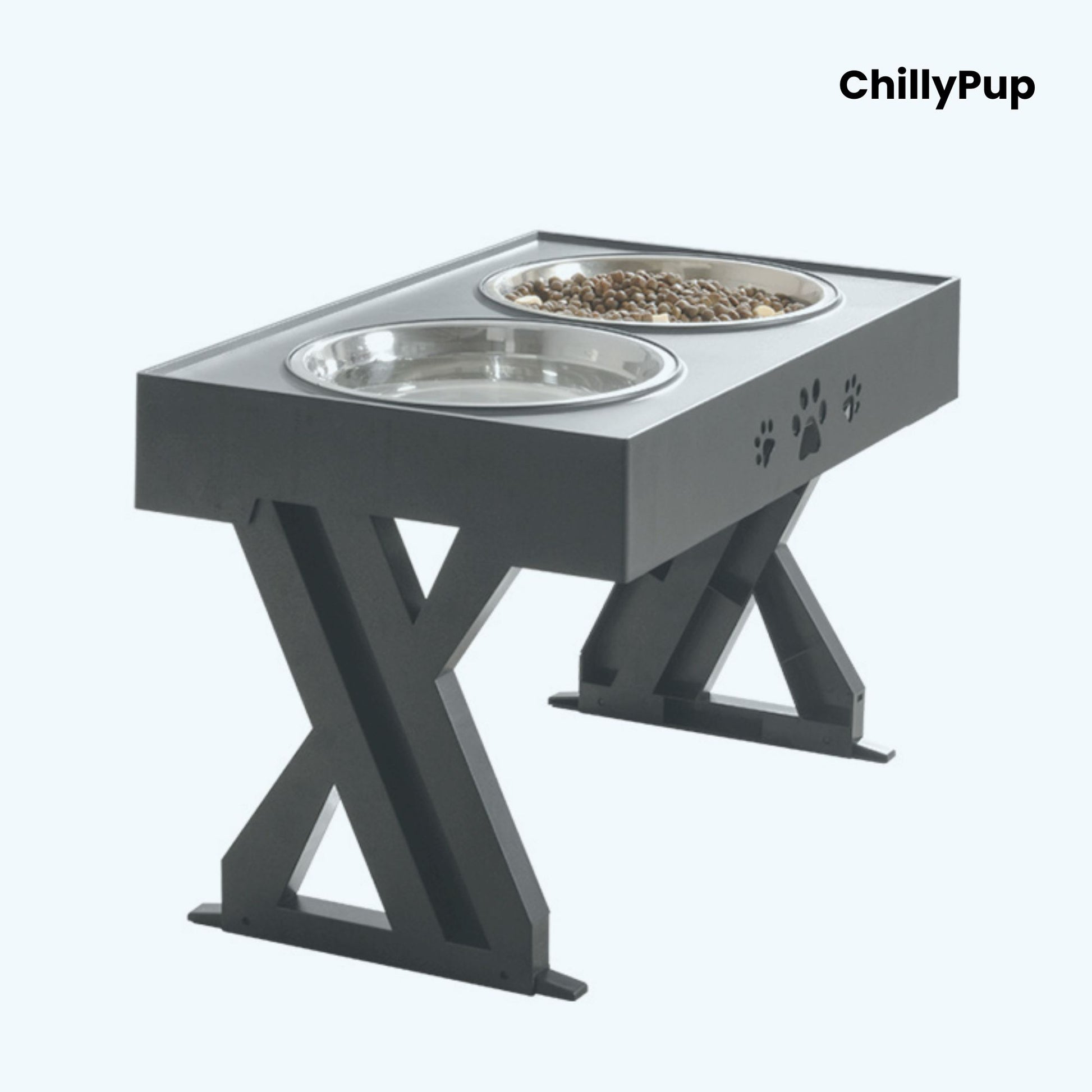 Raised dog feeding station with two bowls on a grey background, branded 'ChillyPup'.