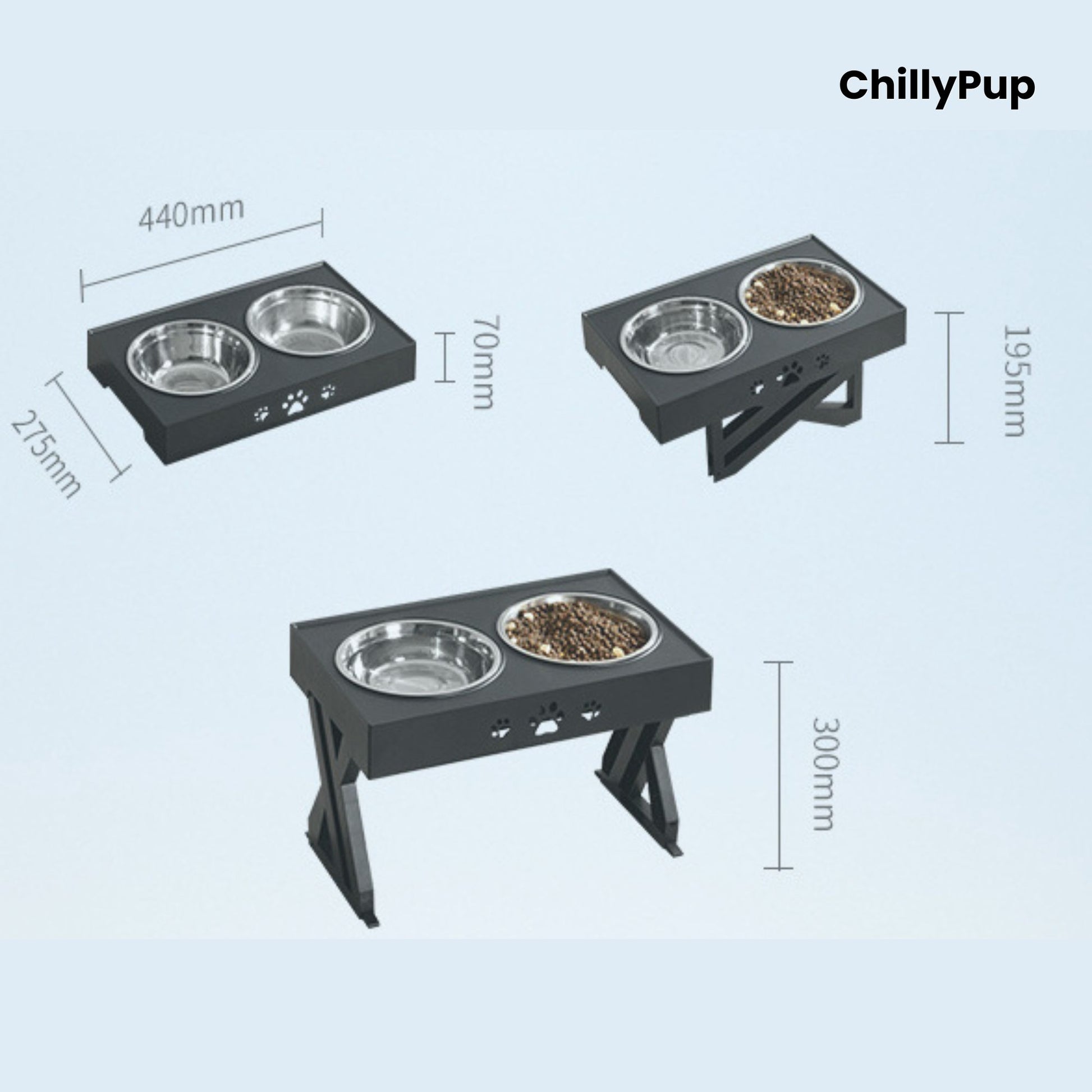 Raised dog feeding station with two bowls on a grey background, branded 'ChillyPup'.