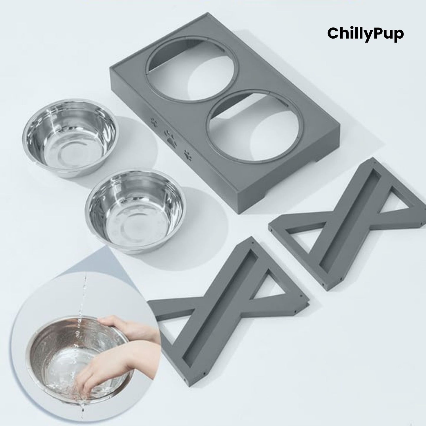 Raised dog feeding station with two bowls on a grey background, branded 'ChillyPup'.