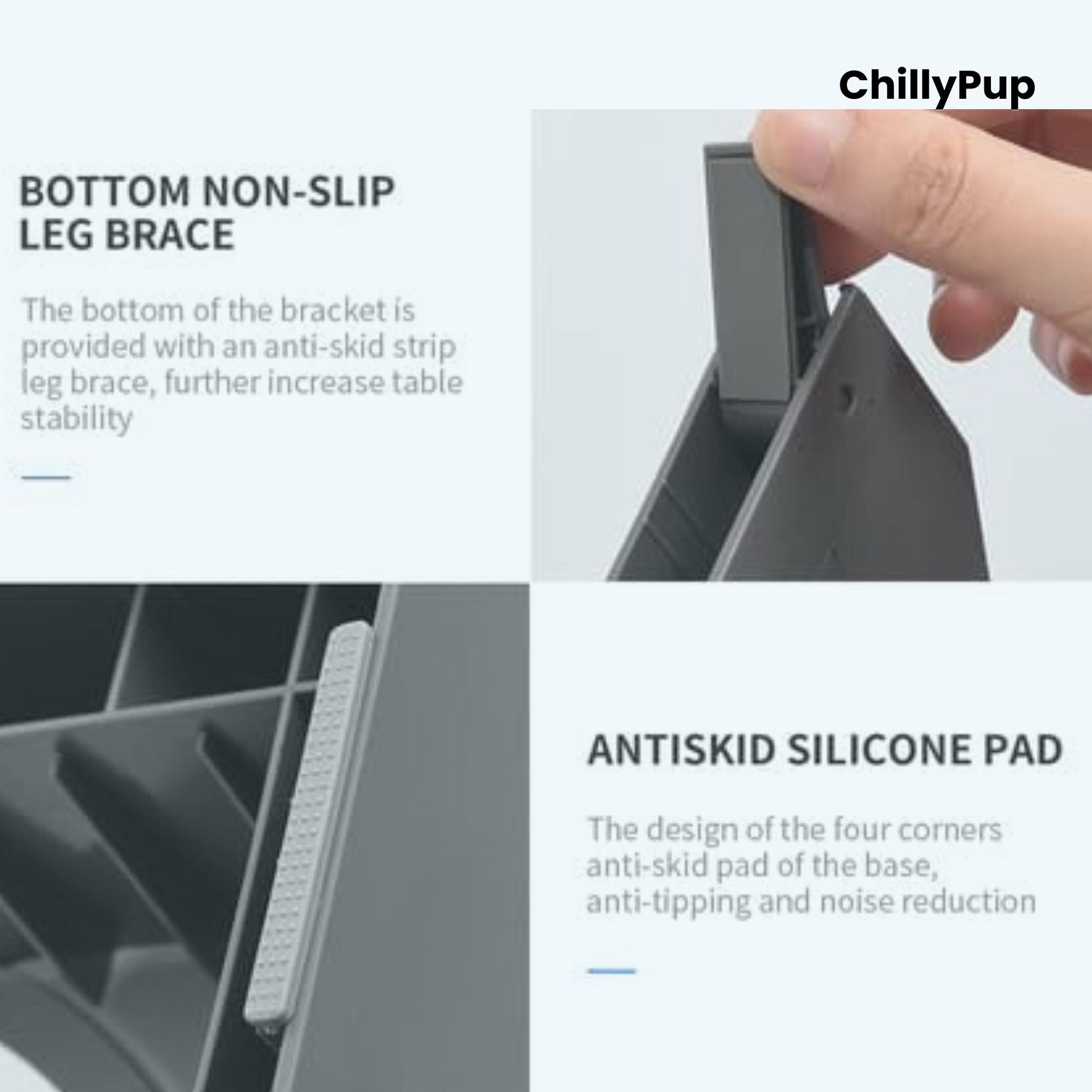Raised dog feeding station with two bowls on a grey background, branded 'ChillyPup'.