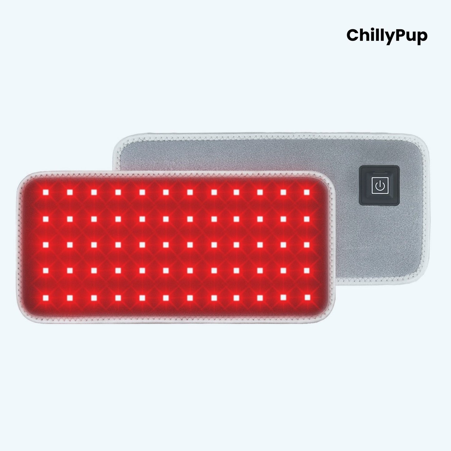 Red light therapy device with power button on a white background, branded 'ChillyPup'.