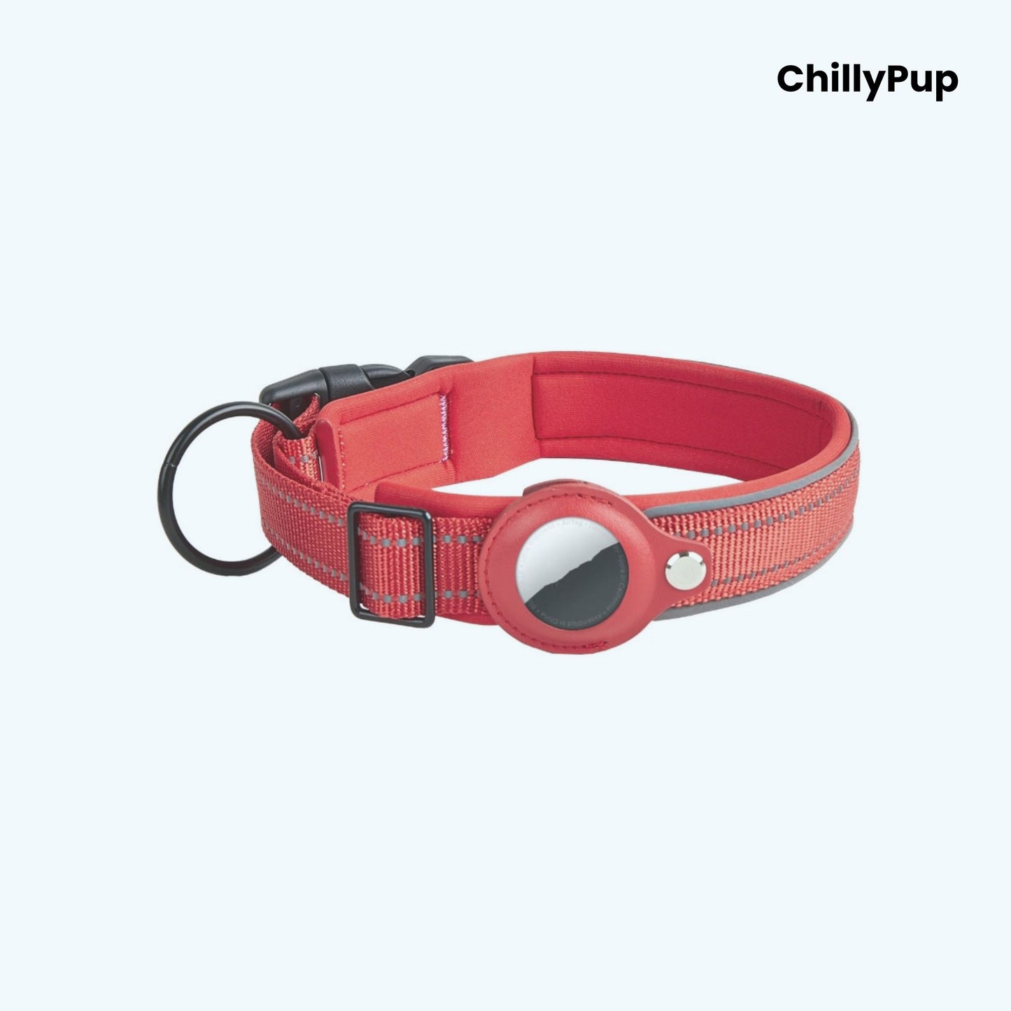 Red Nylon Airtag dog collar with white stitching on a white background, branded 'ChillyPup'.