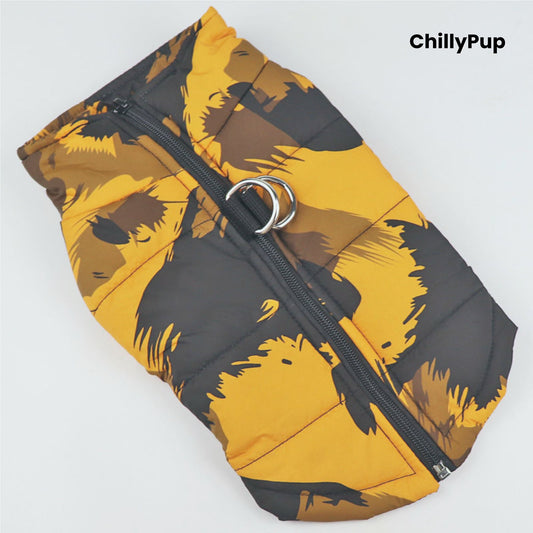 Dog coat with yellow and black pattern on a white background, branded 'ChillyPup'.