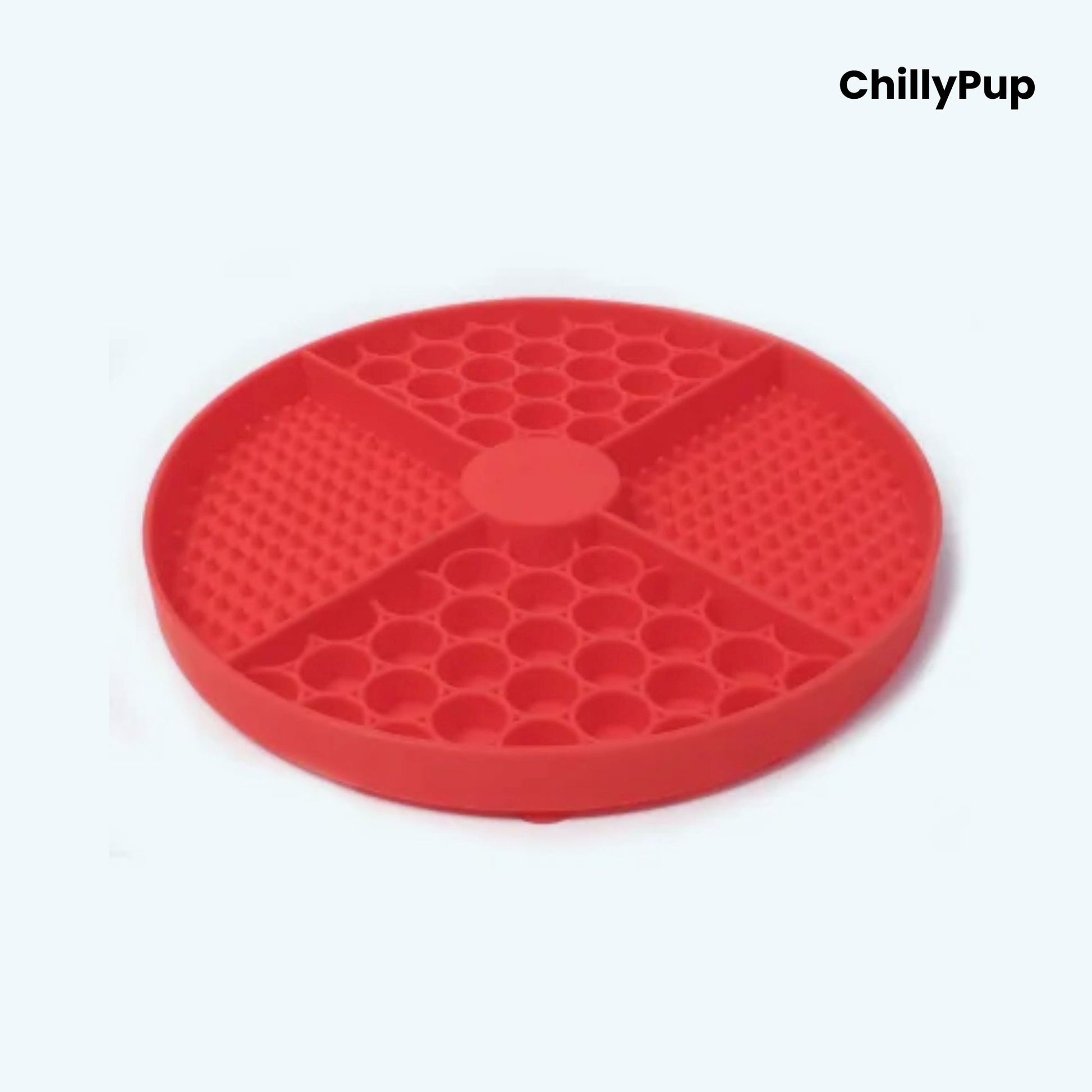 Red silicone mat with honeycomb pattern on a white background, branded 'ChillyPup'.