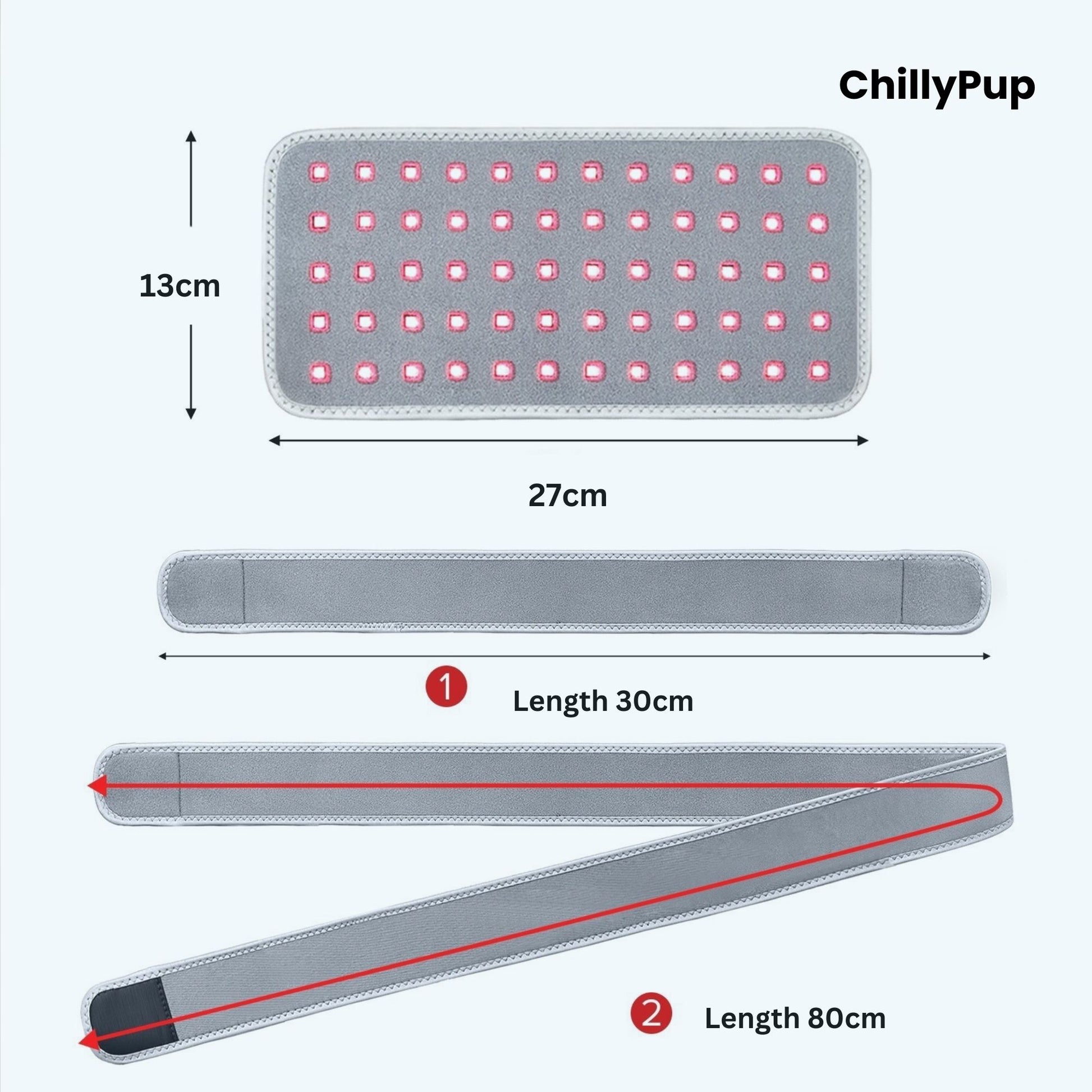 Red light therapy device with power button on a white background, branded 'ChillyPup'.